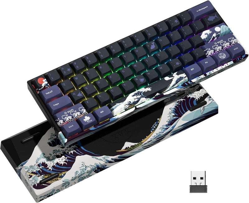 HITIME XVX 60% Gaming Keyboard, RGB 3-Modes Wireless Mechanical Keyboard, Mini 60 Percent Gamer Keyboard with Hot-Swappable Pre-lubed Linear Switch for Windows & Mac (Great Wave Off Kanagawa), M61 Pro - Image 1